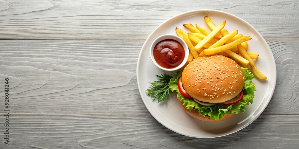Top view of a burger and fries with ketchup on a circular plate, food, meal, fast food, burger, fries, ketchup, plate, top view Top view of a burger and fries with ketchup on a circular plate, food, meal, fast food, burger, fries, ketchup, plate, top view