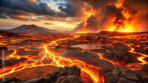 Hellish landscape with molten rocks and fiery pits, Hell, Hellscape, Landscape, Molten, Rocks, Fiery, Pits, Desolate, Apocalyptic photo