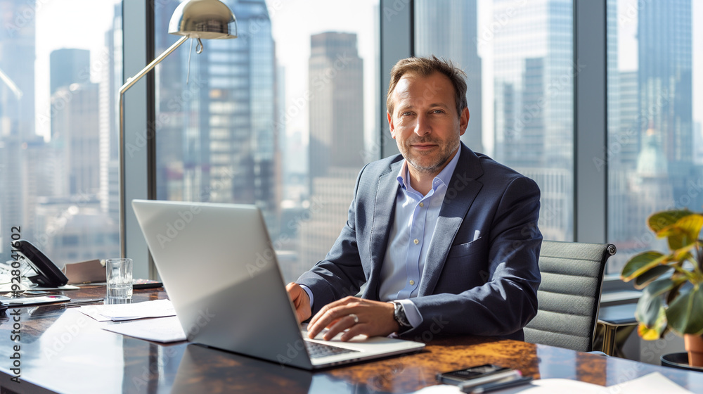 portrait of a businessman seated at a large, elegant desk in a modern office, with a laptop open, documents spread out, and a city skyline visible through the floor-to-ceiling windows. portrait of a businessman seated at a large, elegant desk in a modern office, with a laptop open, documents spread out, and a city skyline visible through the floor-to-ceiling windows.