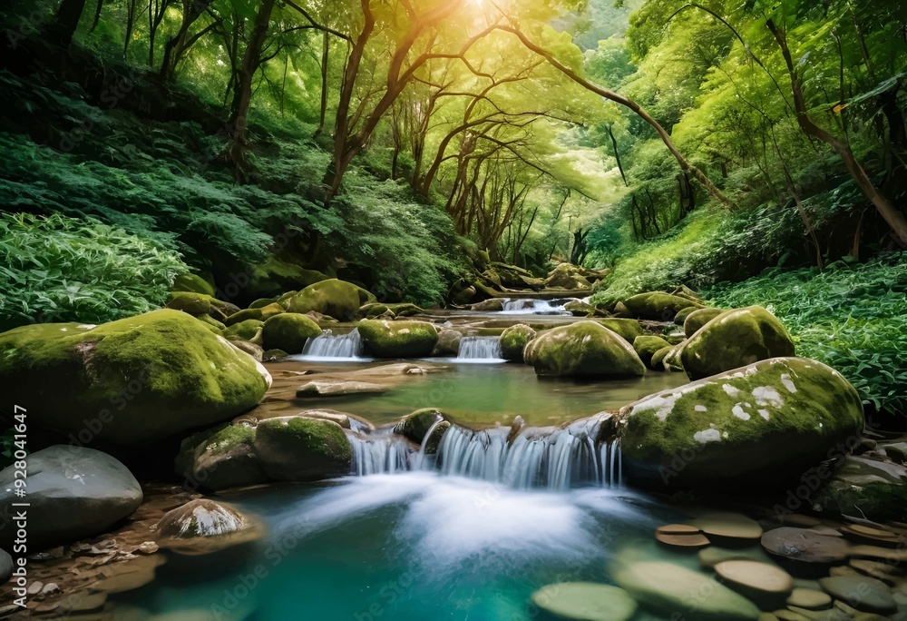 Fototapeta premium Beautiful and Peaceful Nature Scenery Illustration, Landscape, Countryside, Tranquil, Vibrant and Colorful