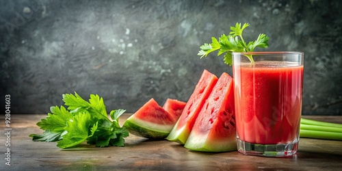 Vibrant watermelon juice with fresh celery on a textured backdrop, watermelon, juice, celery, fresh, vibrant, drink, refreshment