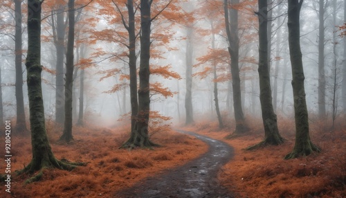 Misty autumn pathway through a serene forest covered in golden foliage