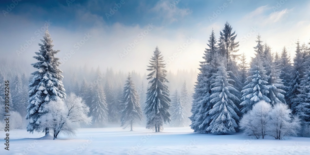 Winter forest scene with snow-covered trees in fog, capturing serene beauty of nature, winter, forest, snow, trees, fog Winter forest scene with snow-covered trees in fog, capturing serene beauty of nature, winter, forest, snow, trees, fog