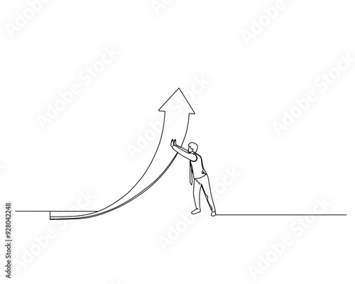 Line drawing of a business person pushing a large arrow upwards along a curved incline. The arrow is much larger than the person and points upwards, symbolizing progress or effort against resistance.