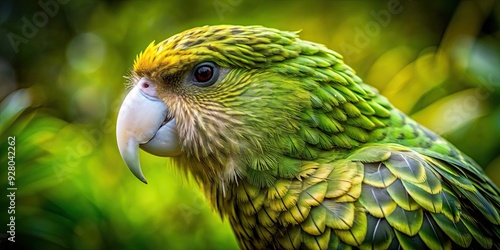 Vibrant of a Kakapo with unique green plumage, showcasing its nocturnal behavior, Kakapo, bird, vibrant,green plumage