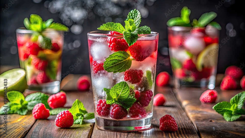 Refreshing raspberry mojito cocktail with vibrant raspberries , cocktail, drink, refreshment, raspberry, mojito, alcohol, beverage Refreshing raspberry mojito cocktail with vibrant raspberries , cocktail, drink, refreshment, raspberry, mojito, alcohol, beverage