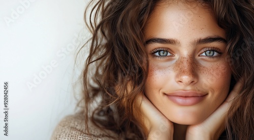 closeup woman freckles face natural beauty expressive pose curly hair girl portrait deep tan skin view slight smile open eyes femme fetal red blush olive skinned