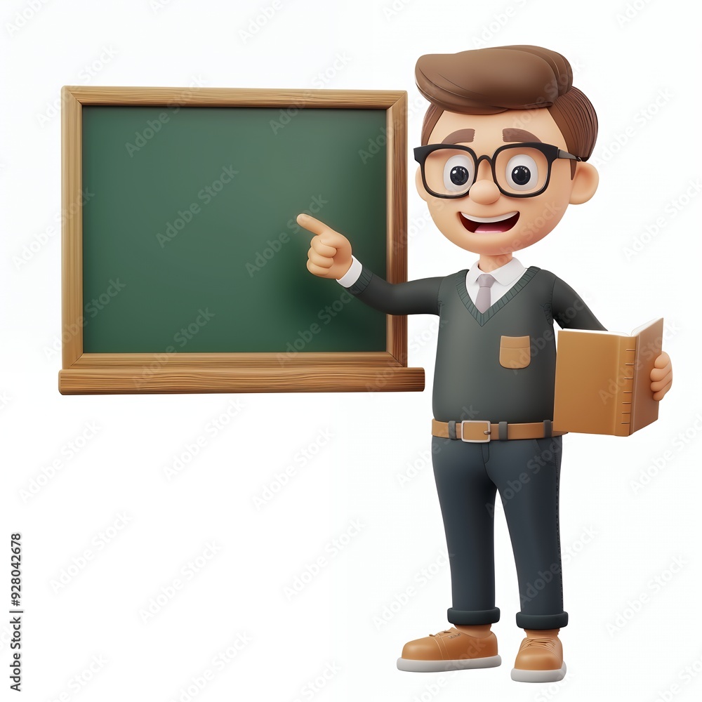 A 3D cartoon teacher in glasses points at a blank green chalkboard while holding a closed book. A 3D cartoon teacher in glasses points at a blank green chalkboard while holding a closed book.