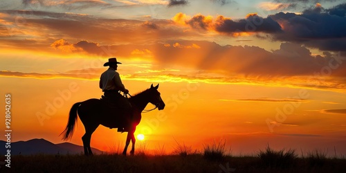 Silhouette of a cowboy riding into the sunset , cowboy, western, sunset, dusk, horseback, silhouette, majestic, rural