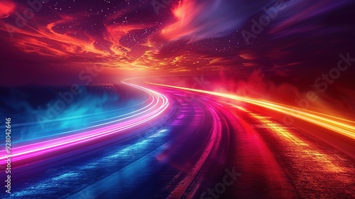 Abstract road with colorful lights and starry sky.