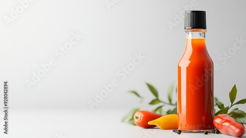 Bottle of Hot Sauce with Peppers and Leaves photo