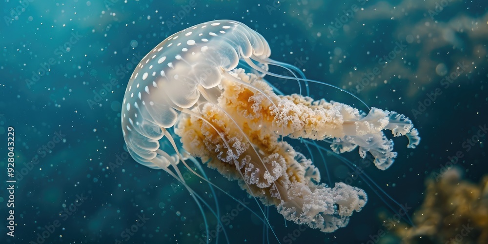 Fototapeta premium White spotted Jellyfish Phyllorhiza punctata Large translucent jellyfish with white spots and trailing oral arms typically found in warm coastal waters and primarily feeds on zooplankton
