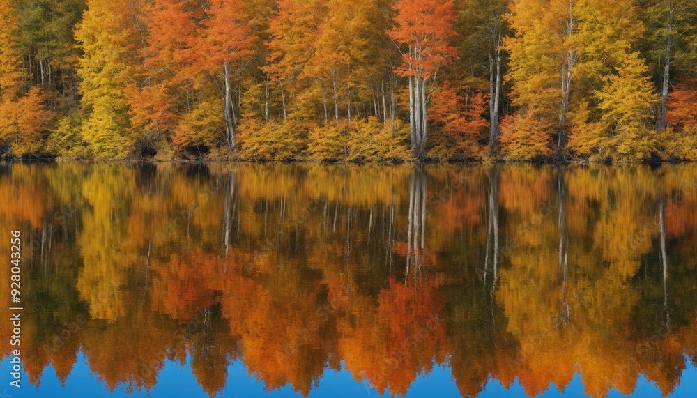 Vibrant autumn leaves reflecting in tranquil lake under clear blue sky Vibrant autumn leaves reflecting in tranquil lake under clear blue sky