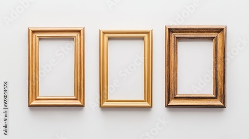 Three gold picture frames on white background