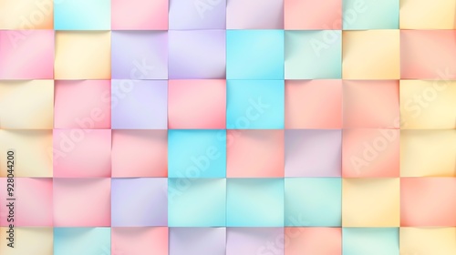 A background of colorful squares in pastel shades of pink, yellow, and blue.