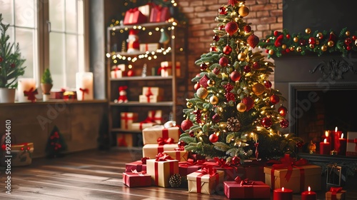 A decorated Christmas tree in a living room with presents underneath and a fireplace to the right. photo