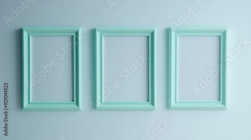 Three mint green picture frames on blue background