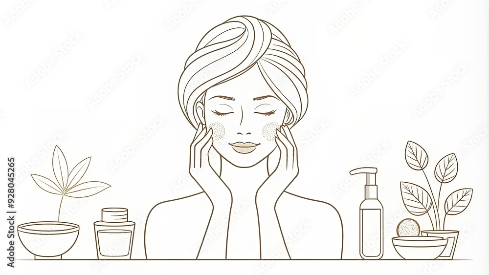 Line drawing of a woman performing facial care routine, beauty, skincare, routine, face, woman, drawing Line drawing of a woman performing facial care routine, beauty, skincare, routine, face, woman, drawing
