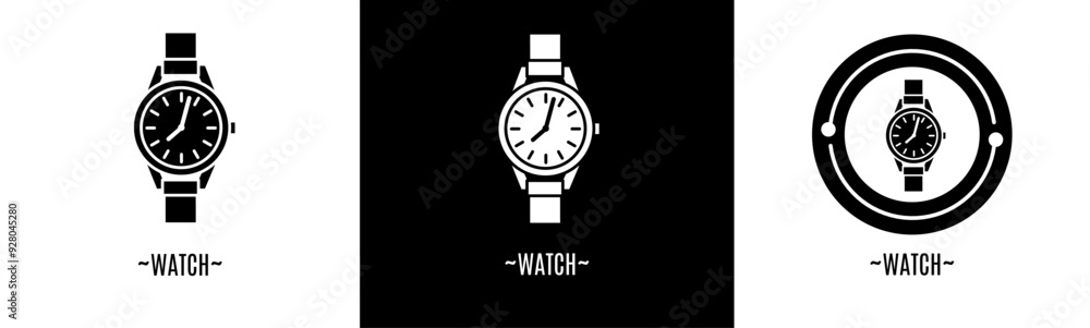 Watch logo set. Collection of black and white logos. Stock vector.