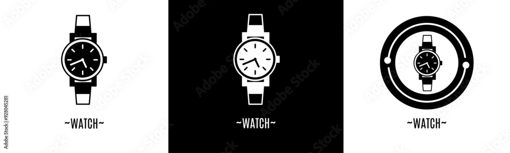 Watch logo set. Collection of black and white logos. Stock vector. Watch logo set. Collection of black and white logos. Stock vector.
