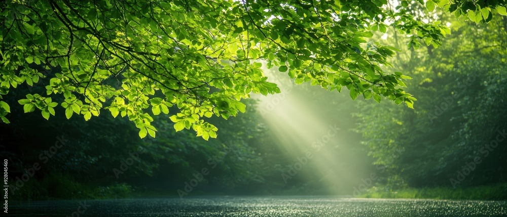 Fototapeta premium A serene forest scene with sunlight streaming through lush green leaves, reflecting on a calm lake surface, creating a tranquil atmosphere.