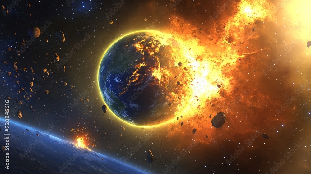 A fiery explosion engulfs a planet in space, surrounded by debris and a distant Earth-like world. A fiery explosion engulfs a planet in space, surrounded by debris and a distant Earth-like world.