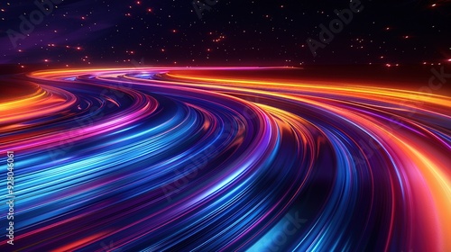 Abstract swirling lines of blue, purple, and red colors against a dark background with scattered red dots.