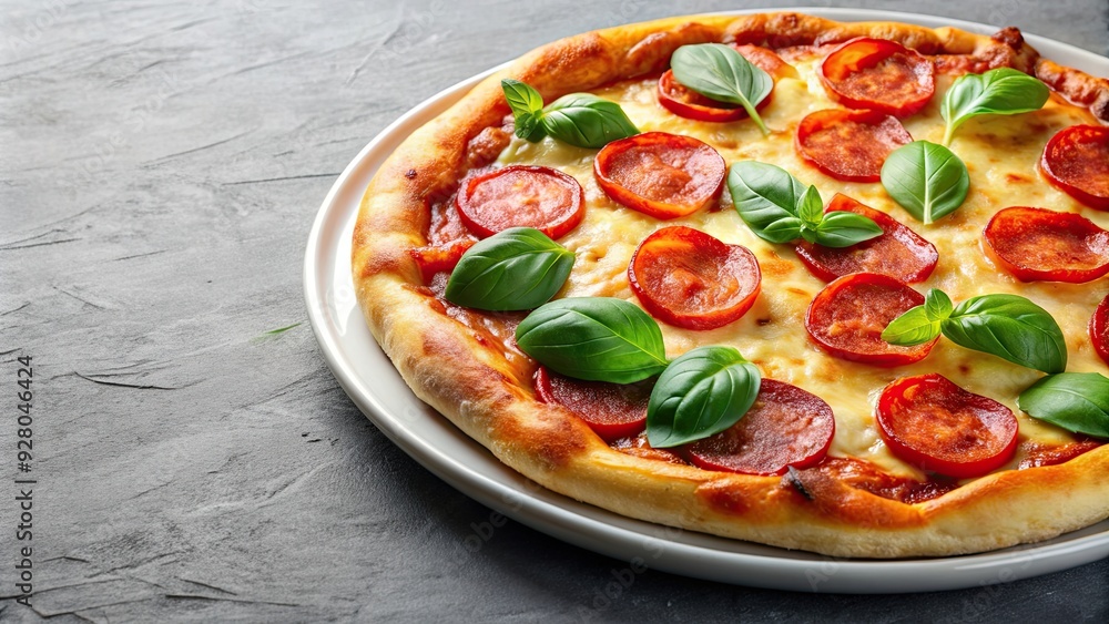 Pizza on a white plate with melted cheese, pepperoni, and fresh basil toppings, pizza, slice, plate, food, delicious, dinner Pizza on a white plate with melted cheese, pepperoni, and fresh basil toppings, pizza, slice, plate, food, delicious, dinner