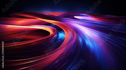 Abstract swirling red and blue lines, illuminated with bright light, on dark background.