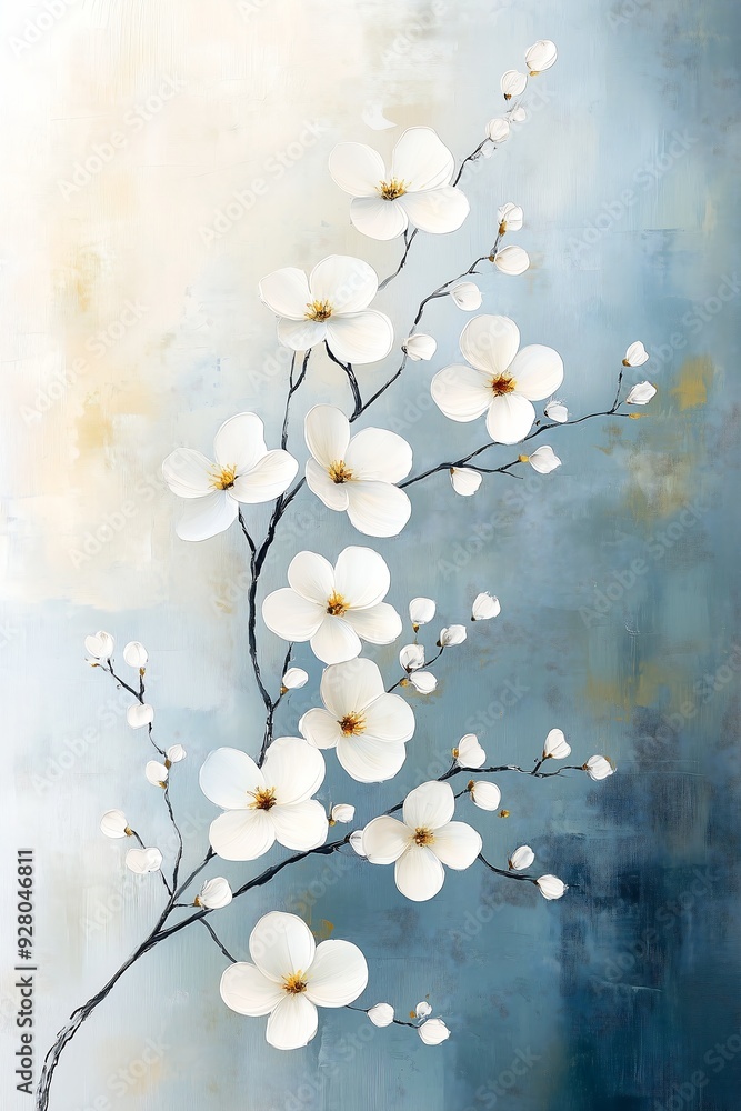 Fototapeta premium white flower blue background cherry blossom displayed walls color oil large vertical blank spaces ultra soft brush strokes