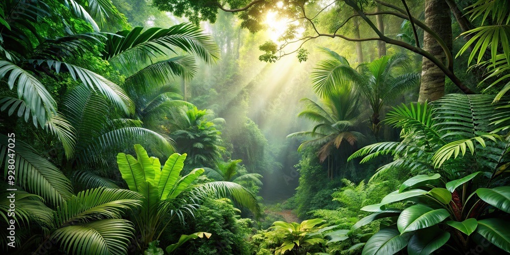 Tropical jungle with lush green foliage and exotic wildlife, Tropical, jungle, rainforest, lush, green, foliage, exotic Tropical jungle with lush green foliage and exotic wildlife, Tropical, jungle, rainforest, lush, green, foliage, exotic