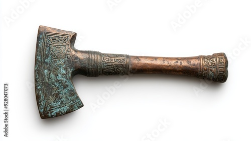 A vintage bronze axe showcasing intricate designs and a weathered patina, perfect for historical or artistic themes.