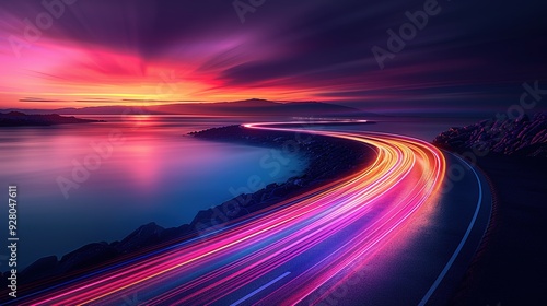 Colorful light trails on a winding coastal road at sunset.