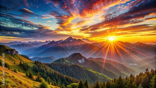 Sunrise over majestic mountains with vibrant colors , sunrise, sun rays, mountains, landscape, nature, dawn, majestic, scenic