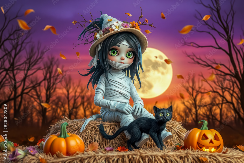 A spooky Halloween mummy girl. black wispy hair, big green eyes with long eyelashes, the wrapping on her body is in loose strands. A spooky Halloween mummy girl. black wispy hair, big green eyes with long eyelashes, the wrapping on her body is in loose strands.