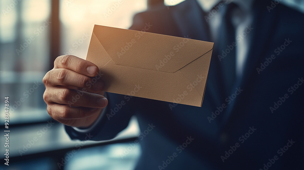 businessman extends an envelope to an employee's hand against a radiant sun, symbolizing trust, opportunity, and the exchange of responsibility in a professional setting businessman extends an envelope to an employee's hand against a radiant sun, symbolizing trust, opportunity, and the exchange of responsibility in a professional setting