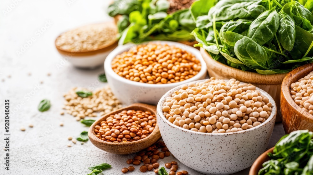 Fresh and nutritious seeds and greens arranged in bowls, showcasing healthy ingredients for a balanced diet. Fresh and nutritious seeds and greens arranged in bowls, showcasing healthy ingredients for a balanced diet.