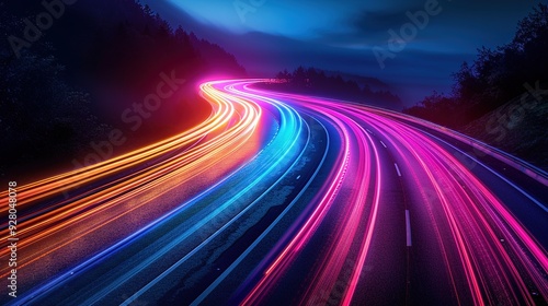 Colorful light trails on a winding road at night.