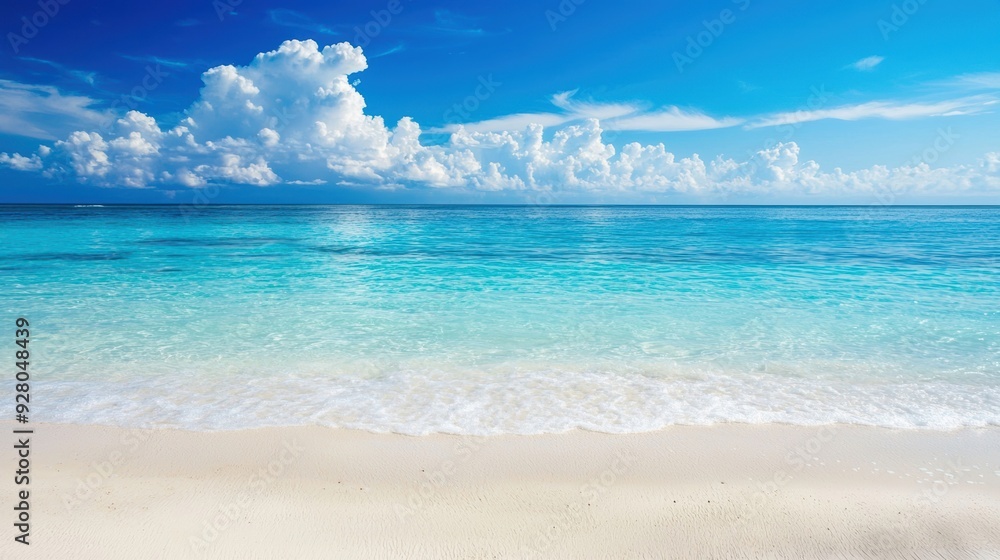 Obraz premium Serene beach scene with crystal clear waters, soft white sand, and vibrant blue skies adorned with fluffy clouds.