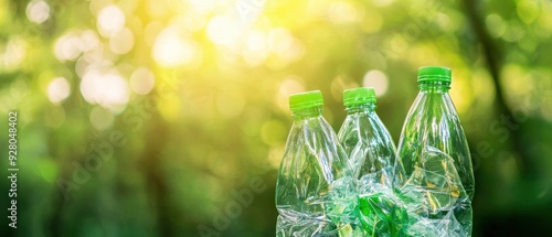 Recycling plastic bottles in a vibrant green environment, promoting sustainability and environmental awareness. photo