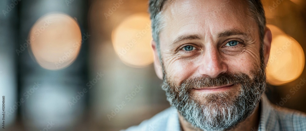Smiling man with a beard, captured in a cozy setting with warm lighting. A portrait that conveys warmth and approachability. Smiling man with a beard, captured in a cozy setting with warm lighting. A portrait that conveys warmth and approachability.