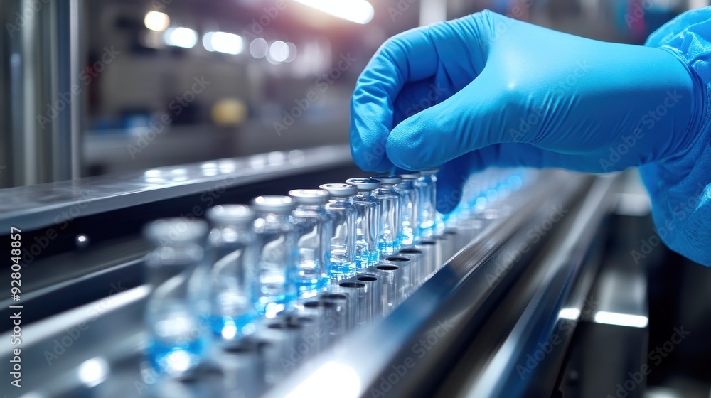 Pharmaceutical scientist wearing sterile gloves inspects medical vials on a production line conveyor belt in a drug manufacturing facility Pharmaceutical scientist wearing sterile gloves inspects medical vials on a production line conveyor belt in a drug manufacturing facility