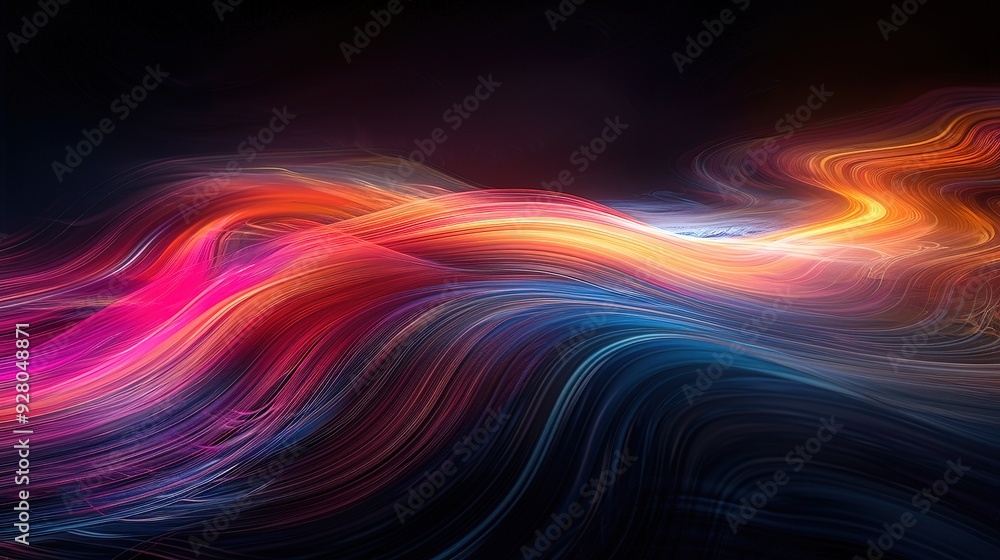 Abstract wavy lines in blue, red, and orange hues against a black background. Abstract wavy lines in blue, red, and orange hues against a black background.