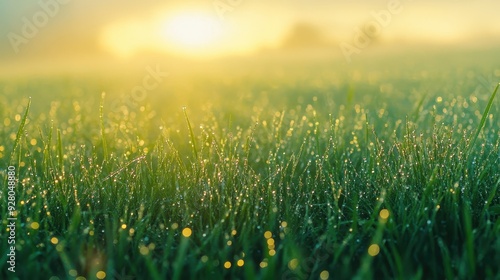 Dew-covered grass illuminated by soft sunlight in a misty morning.