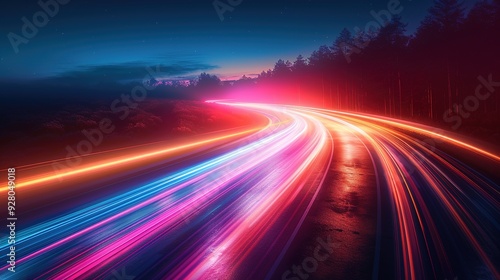 Night road with colorful light trails from speeding cars.