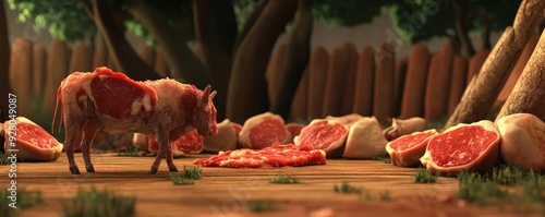 A pig stands in a forest, surrounded by cut-up fruit. photo