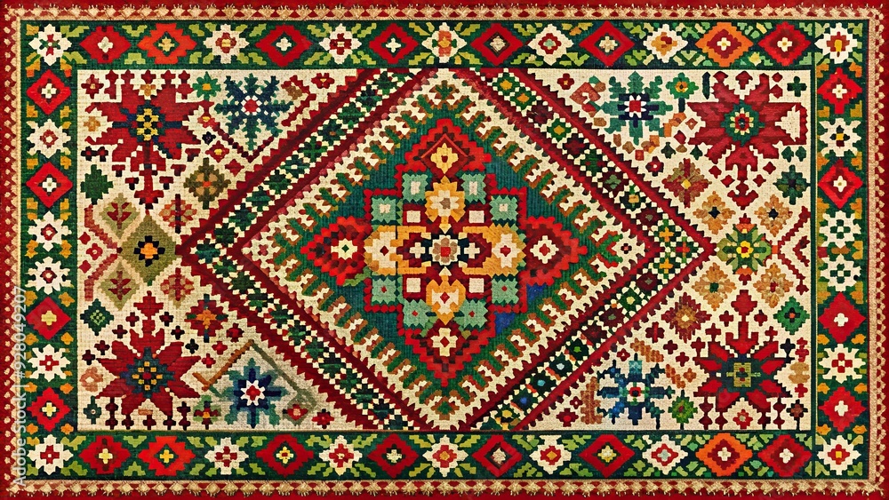 Slavic traditional folklore carpet with intricate patterns from Russia, Serbia, Poland, Czechia, Slovakia, Slovenia Slavic traditional folklore carpet with intricate patterns from Russia, Serbia, Poland, Czechia, Slovakia, Slovenia