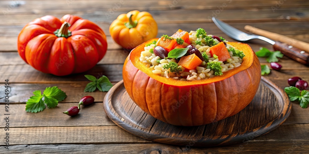 Vegetable and rice salad served in a raw pumpkin on a wooden table, healthy, fresh, organic, pumpkin, rice, salad, vegetarian Vegetable and rice salad served in a raw pumpkin on a wooden table, healthy, fresh, organic, pumpkin, rice, salad, vegetarian