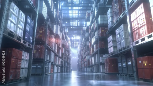 A towering warehouse aisle lined with stacked cargo containers, bathed in ethereal light. The perspective creates a sense of scale and vastness.