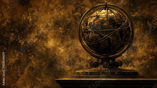 An antique golden globe sits on a pedestal against a textured background. The globe appears to be made of metal with intricate details. photo